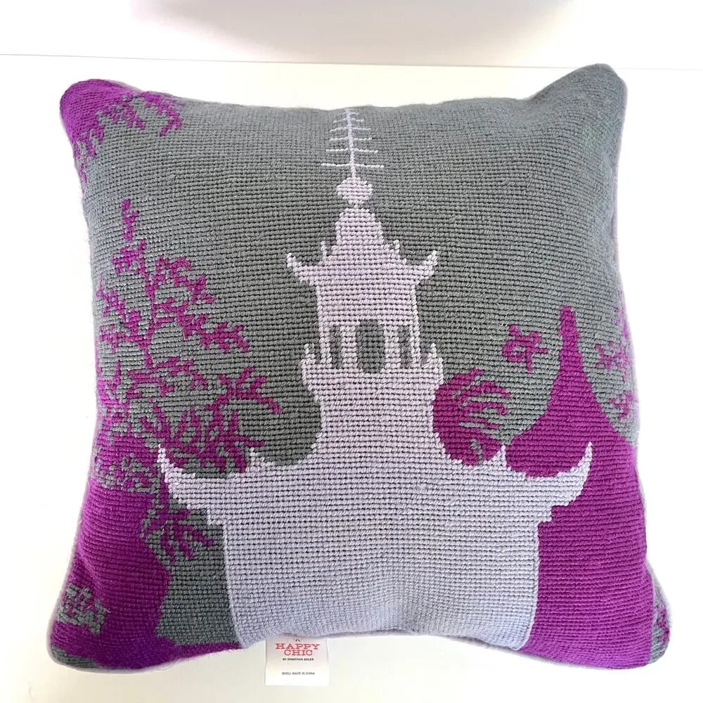 Johnathan Adler Happy Chic Purple Pagoda Needlepoint Accent Pillow Chinoiserie